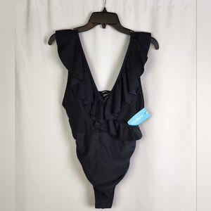 Jollkichay Black Ruffle V Neck One Piece Tummy Control Swimsuit Size XL NWT